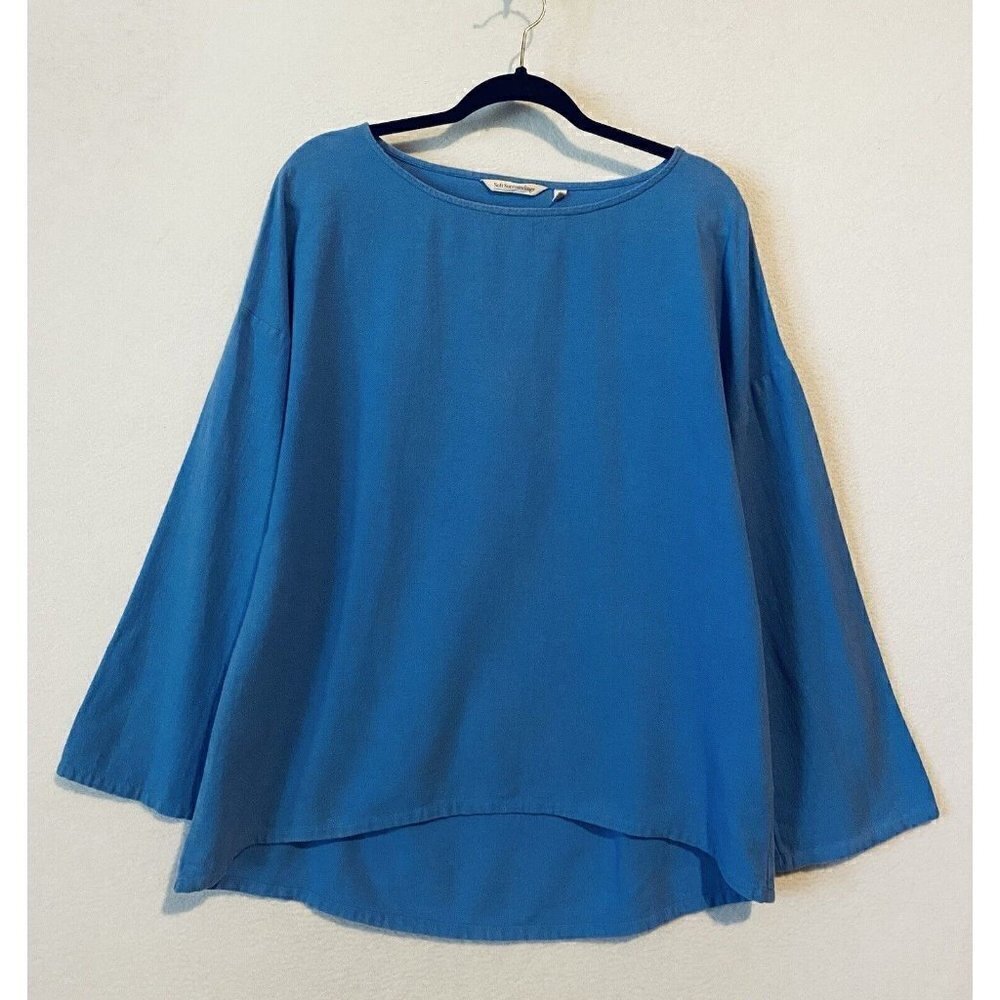 Soft Surroundings Top Womens Medium Blue Gauzy Pullover Boat Neck Hi Low Hem